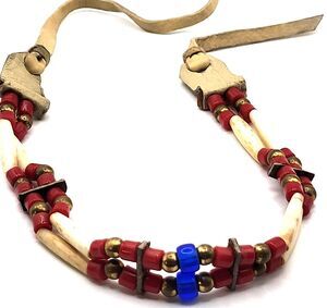 Vintage Native American Suede Bovine Horn Leather Brass Beaded Plains Choker 23"
